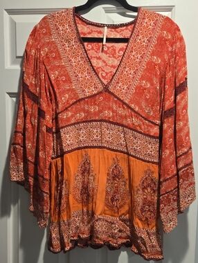 Free People Orange and Red Paisley V-Neck Mini Dress/ Top
